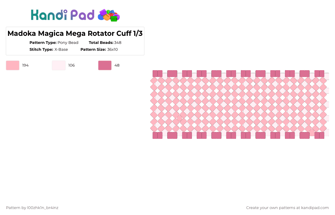 Madoka Magica Mega Rotator Cuff 1/4 - Pony Bead Pattern by pizookie on Kandi Pad - pink,white,madoka magica,madoka,puella magi madoka magica,rotator,x base,cutecore,anime