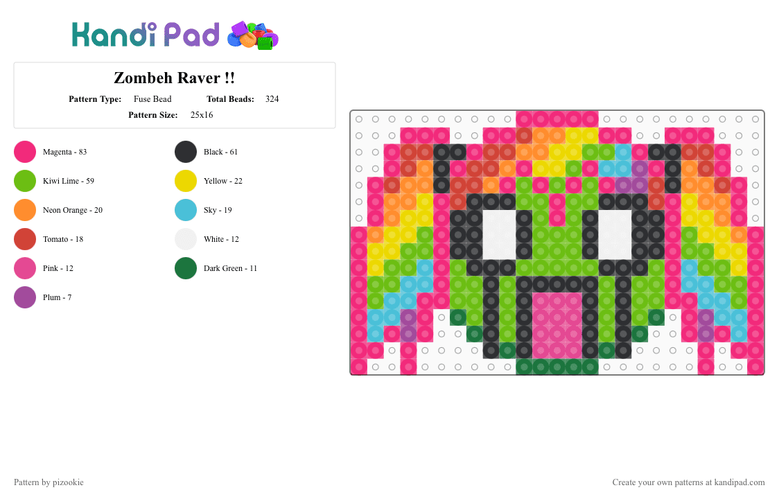 Zombeh Raver !! - Fuse Bead Pattern by pizookie on Kandi Pad - pink,green,zombie,rainbow,colorful,neon,scene,scenecore,scene kid,emo
