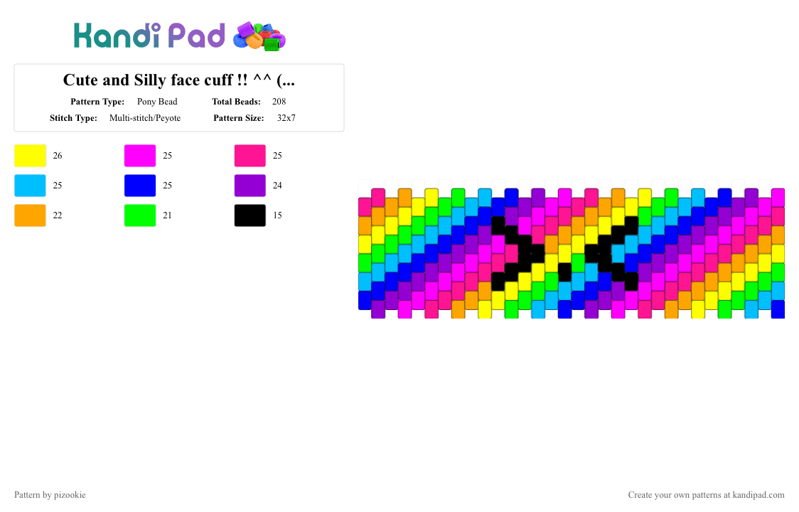 Cute and Silly face cuff !! ^^ (Rainbow) - Pony Bead Pattern by pizookie on Kandi Pad - purple,pink,rainbow,neon,colorful,scenecore,scene kid,emo,silly