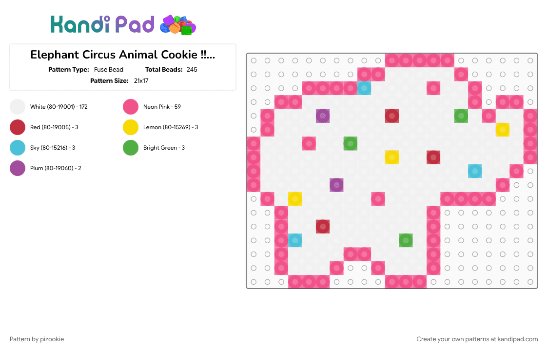 Elephant Circus Animal Cookie !! (Ver.1) - Fuse Bead Pattern by pizookie on Kandi Pad - 2000s, animals, colorful, cotdelephants, food, kidcore, nostalgia, nostalgic, pink, white