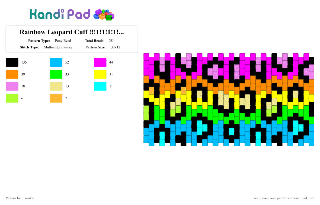 Rainbow Leopard Cuff !!!1!1!1!1!!!! x3 - Pony Bead Pattern by pizookie on Kandi Pad - pink,light blue,rainbow,scene,animal print,leopard,scenecore,scene kid,emo,glitter