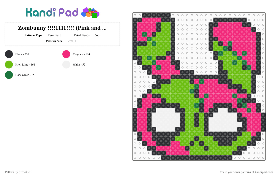 Zombunny !!!!1111!!!! (Pink and Green) - Fuse Bead Pattern by pizookie on Kandi Pad - pink,green,emo,scene,scene kid,scenecore,bunny,zombie,rabbit,spooky
