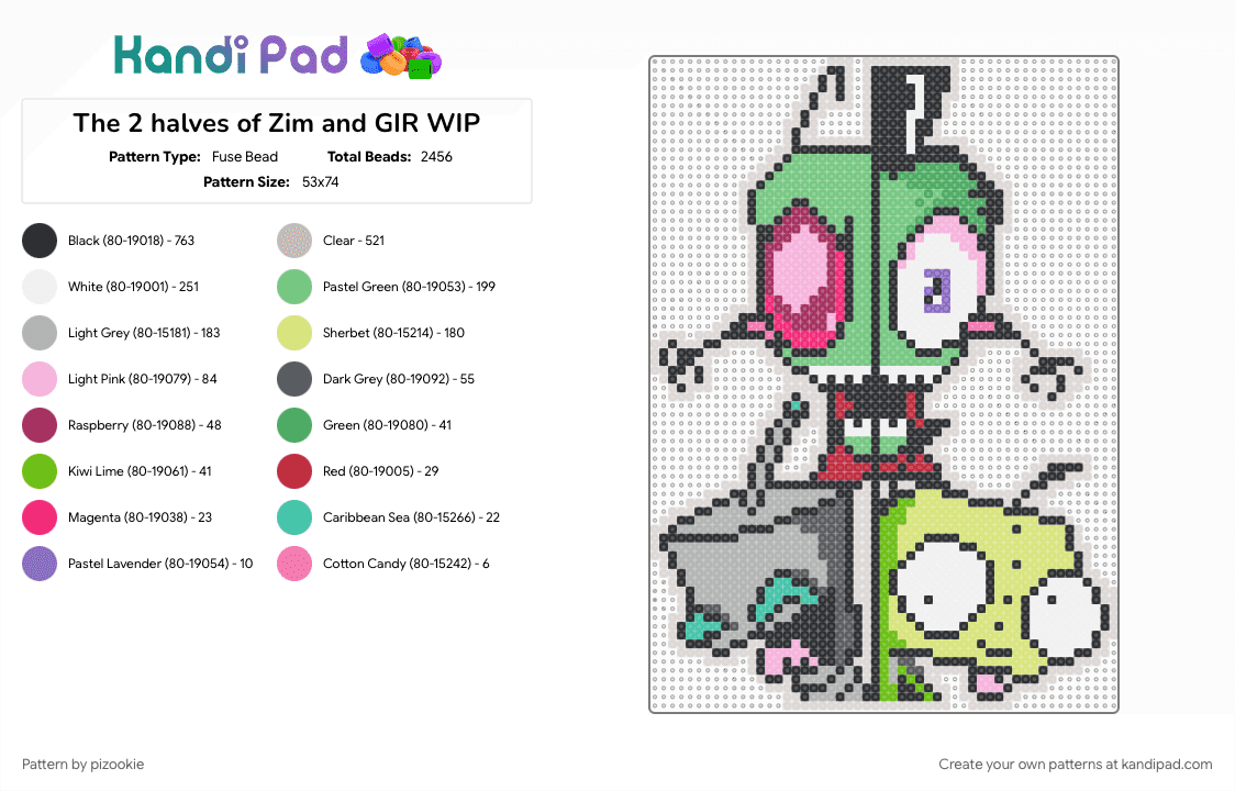 The 2 halves of Zim and GIR !!!11!1!!1!! - Fuse Bead Pattern by pizookie on Kandi Pad - beige, cartoons, emo, gir, invader zim, pink, scene, scene kid, scenecore, teal, yellow, zim