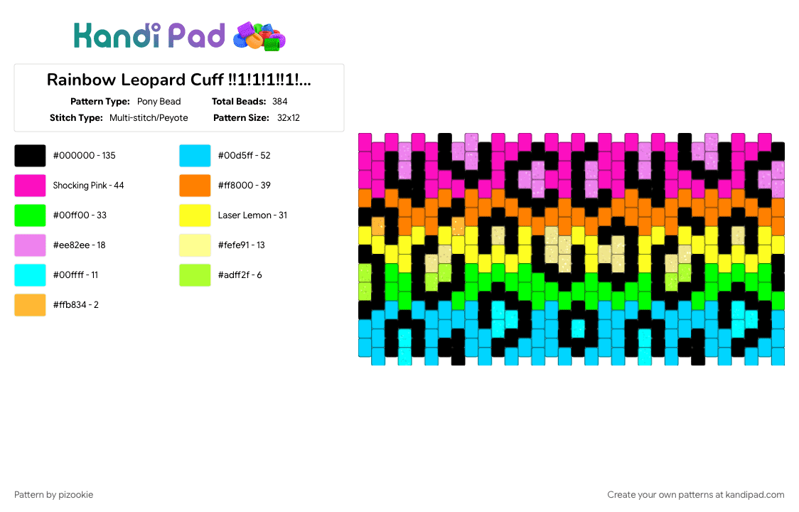 Rainbow Leopard Cuff !!1!1!1!!1!1!1! xD - Pony Bead Pattern by pizookie on Kandi Pad - animal print, colorful, cotdscenekidfashion, emo, light blue, neon, pink, scene, scene kid, scenecore