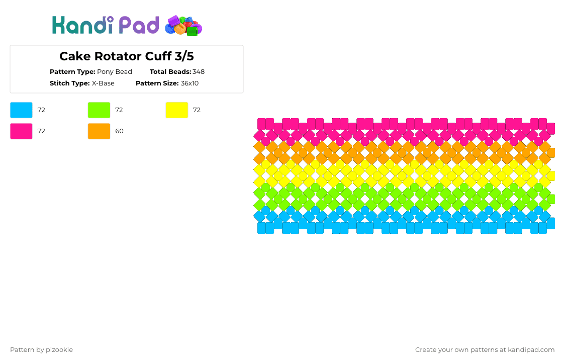 Cake Rotator Cuff 3/5 - Pony Bead Pattern by pizookie on Kandi Pad - light blue,green,yellow,pink,cotdcake,cake,rainbow,x base,rotator,food,cuff