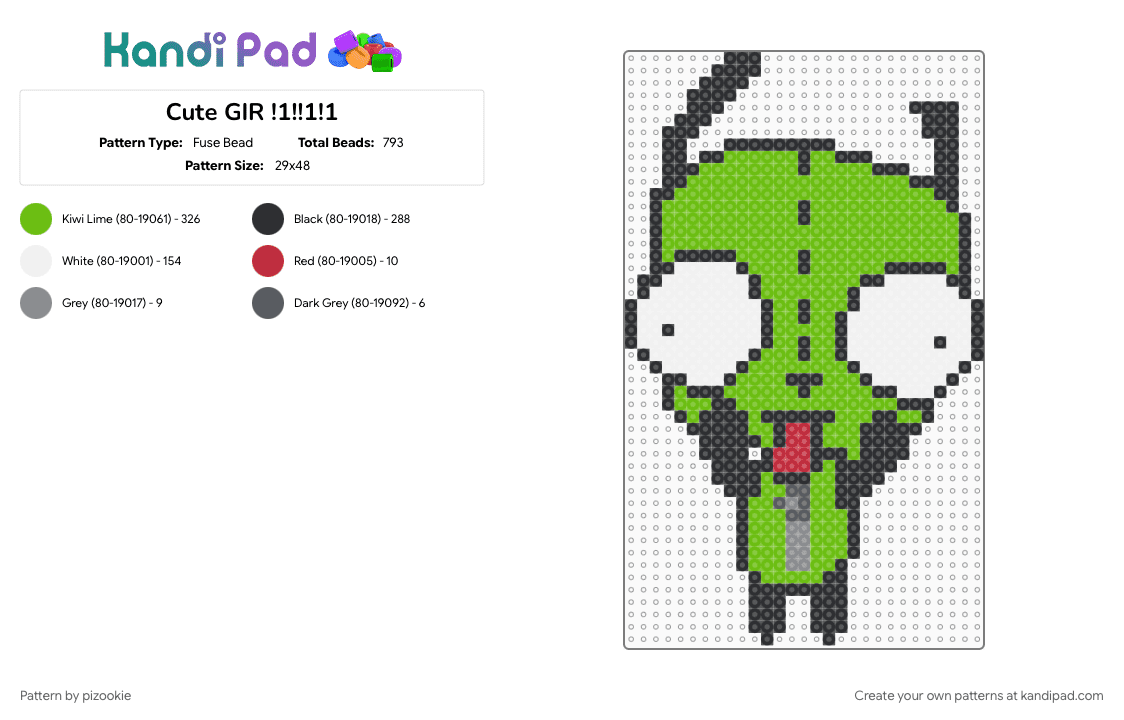 Cute GIR !1!!1!1 - Fuse Bead Pattern by pizookie on Kandi Pad - cartoons, emo, gir, green, invader zim, jhonen vasquez, scene, scene kid, scenecore