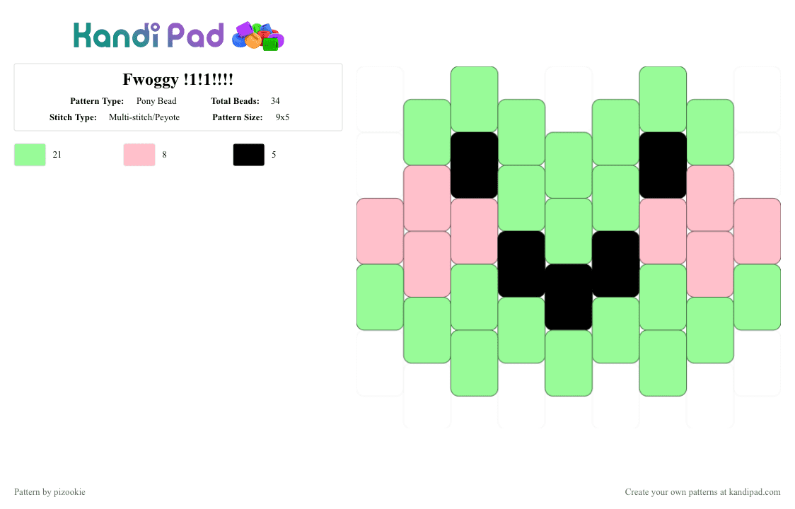Fwoggy !1!1!!!! - Pony Bead Pattern by pizookie on Kandi Pad - teal,pink,frog,froggy,green,animal,cute,kawaii,peyote,charm