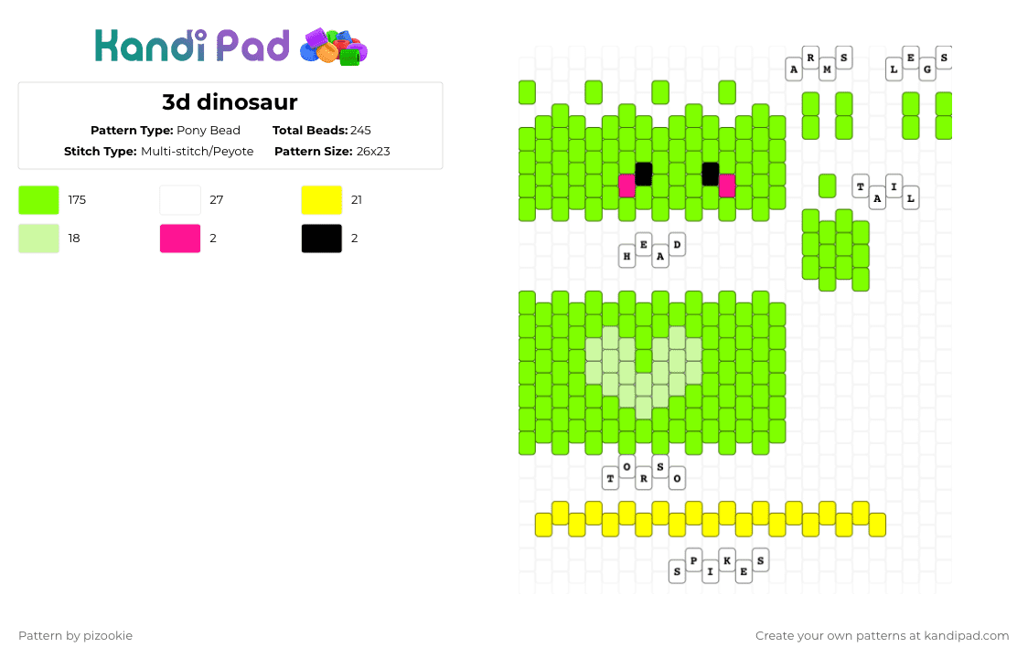 3d dinosaur - Pony Bead Pattern by pizookie on Kandi Pad - green,cotdcuteanimals,dinosaur,cute,3d,yellow,kawaii
