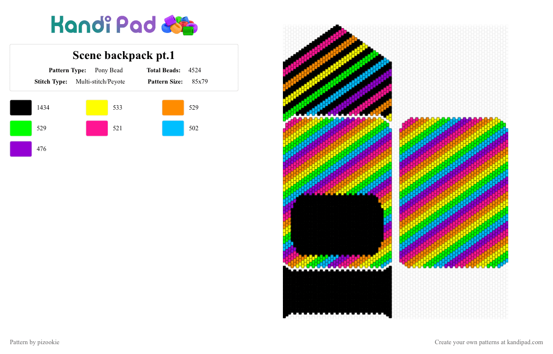 Scene backpack pt.1 - Pony Bead Pattern by pizookie on Kandi Pad - orange,green,purple,colorful,scene,scene kid,emo,scenecore,backpack,school,bag,rainbow