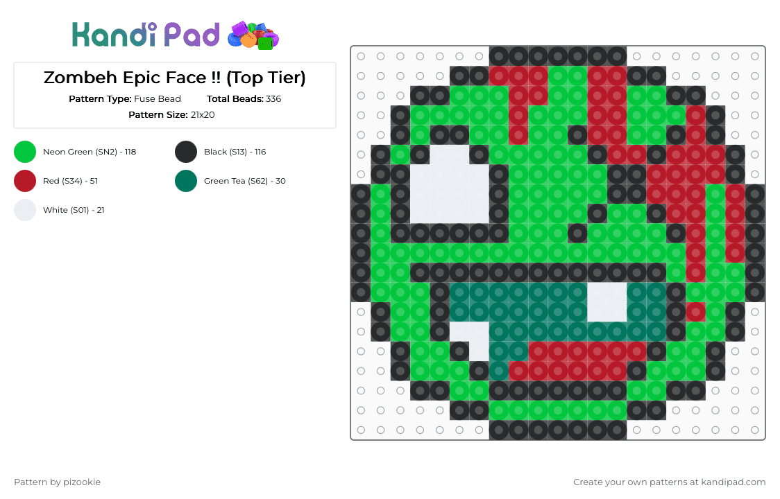 Zombeh Epic Face !! (Top Tier) - Fuse Bead Pattern by pizookie on Kandi Pad - green,zombie,epic face,roblox,scene,scene kid,emo,scenecore