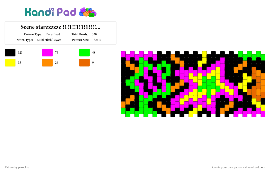 Scene starzzzzzz cuff !1!1!!1!1!1!!!!!! xD - Pony Bead Pattern by pizookie on Kandi Pad - pink,green,stars,black,rainbow,multistitch,scene kid,scenecore,emo,scene