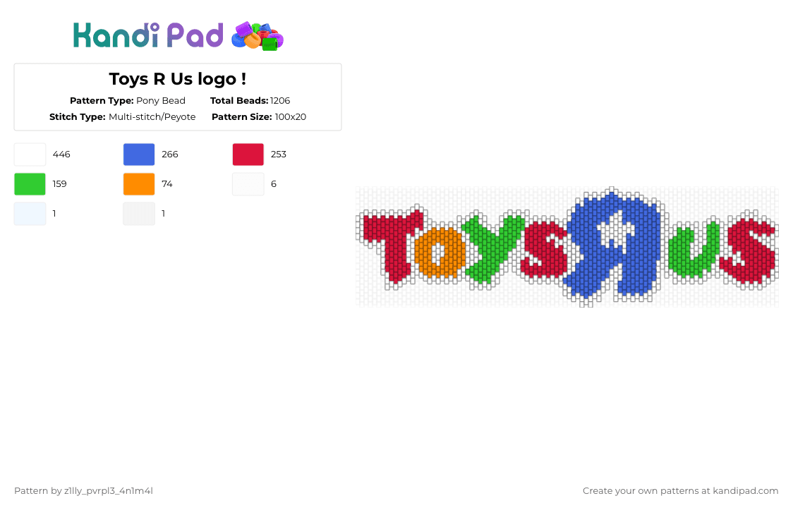 Toys R Us logo ! - Pony Bead Pattern by pizookie on Kandi Pad - blue,red,cotdtoystores,toys r us,kidcore,2000s,nostalgia,childhood,rainbow,colorful