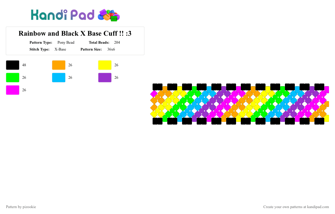 Rainbow and Black X Base Cuff !! :3 - Pony Bead Pattern by pizookie on Kandi Pad - yellow,light blue,pink,colorful,rainbow,black,neon,scene,emo,scenecore,scene kid