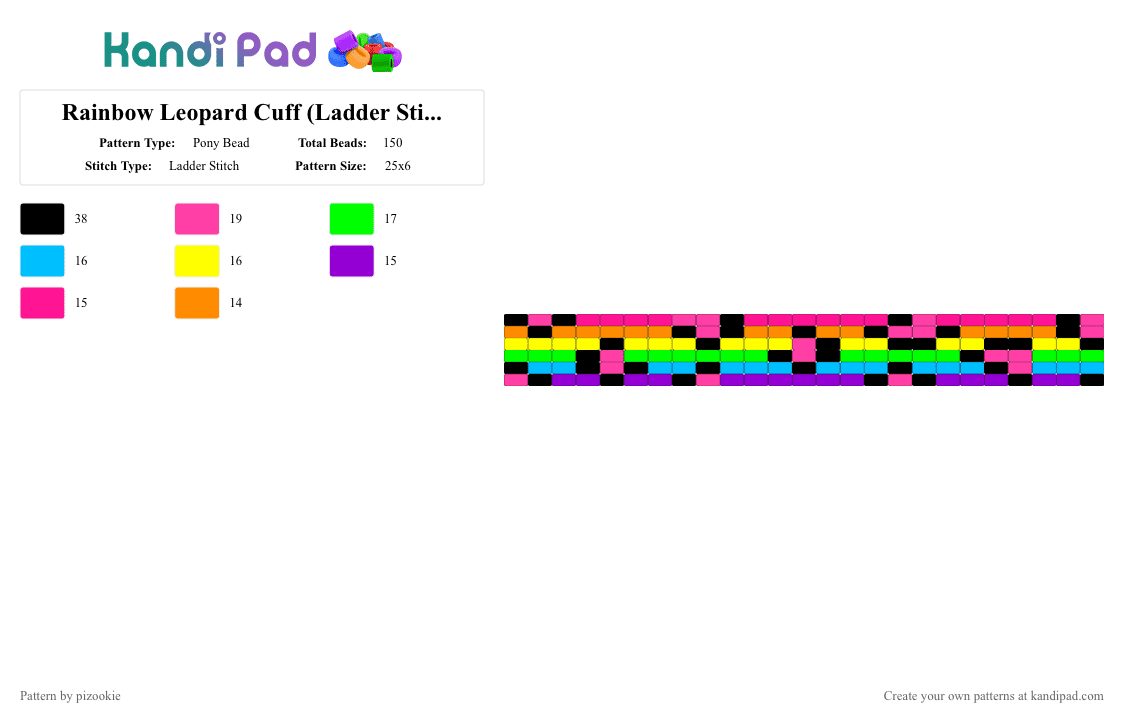 Rainbow Leopard Cuff (Ladder Stitch) - Pony Bead Pattern by pizookie on Kandi Pad - pink,green,rainbow,scene,scenecore,emo,scene kid,2000s,myspace,y2k