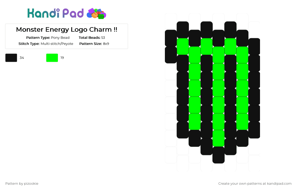 Monster Energy Logo Charm !! - Pony Bead Pattern by pizookie on Kandi Pad - black,green,cotdsymbols,monster,scene,emo,scenecore,scene kid,peyote stitch