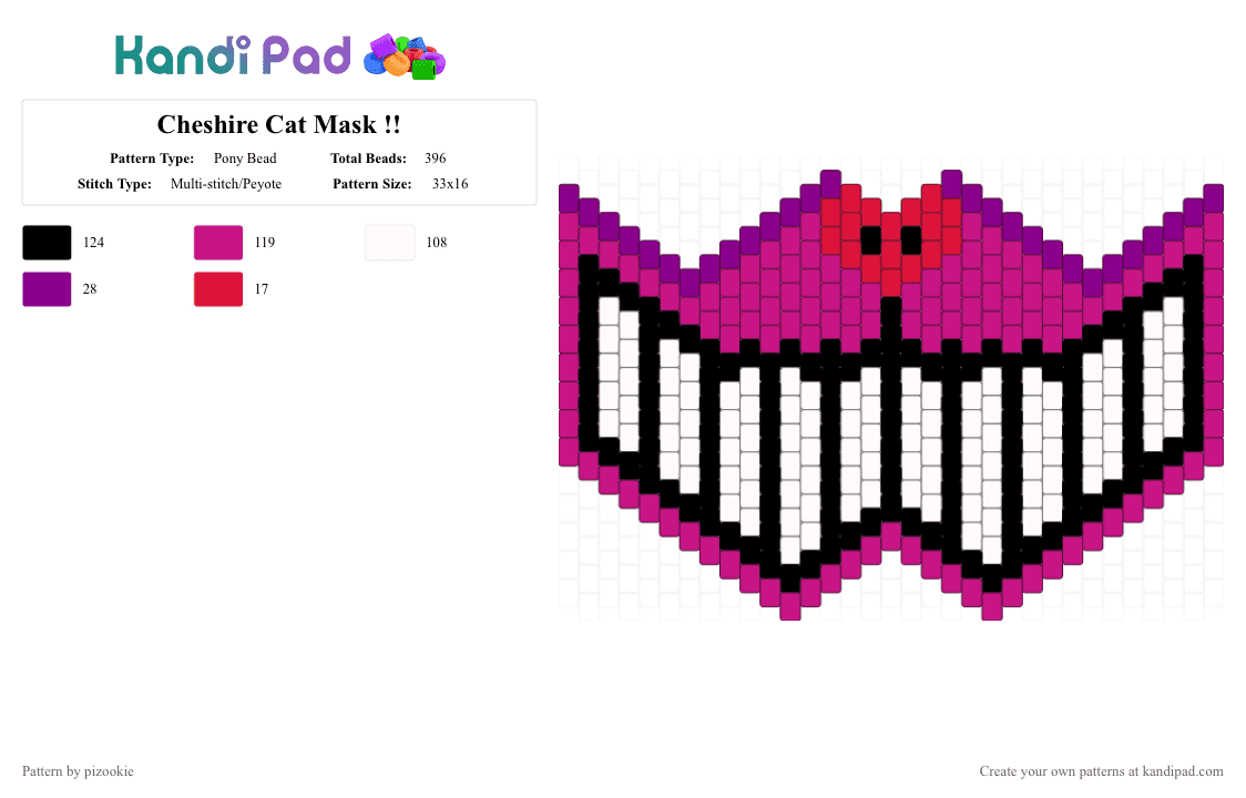 Cheshire Cat Mask !! - Pony Bead Pattern by pizookie on Kandi Pad - pink,cotdwonderland,cheshire cat,mask,peyote,purple,disney,alice in wonderland,wonderland