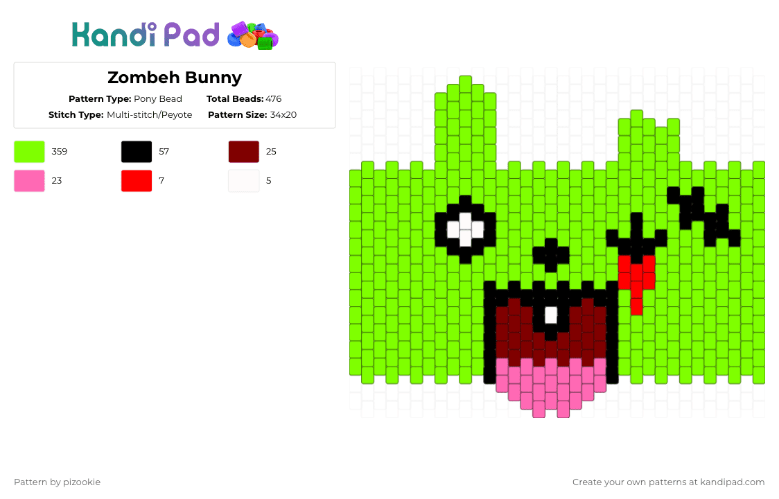 Zombeh Bunny - Pony Bead Pattern by pizookie on Kandi Pad - green,cotdcuteanimals,bunny,zombie,scene,emo,bloody,cute