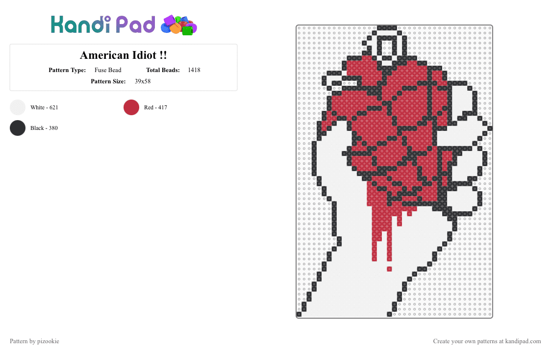 American Idiot !! - Fuse Bead Pattern by pizookie on Kandi Pad - white,red,emo,green day,black,music,album,alt