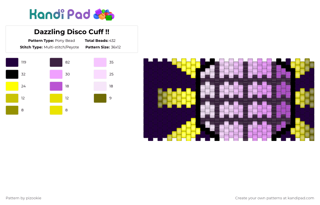 Dazzling Disco Cuff !! - Pony Bead Pattern by pizookie on Kandi Pad - black,pink,cotdglare,dazzle,disco,purple,glow,pearlescent,glow in the dark,yellow
