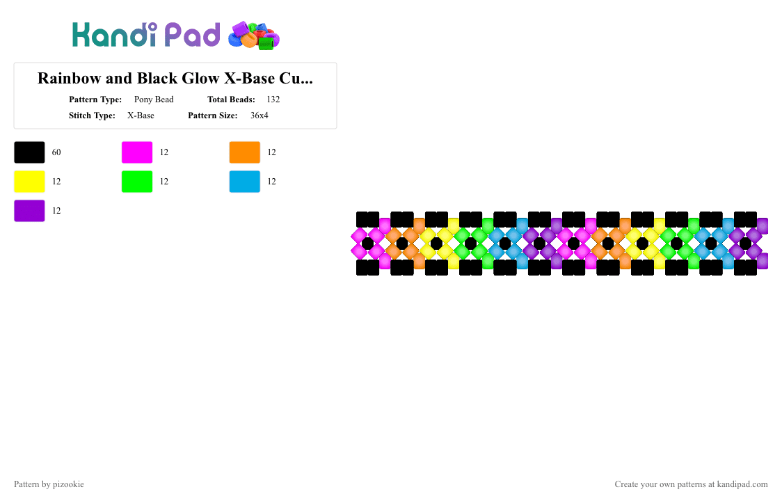 Rainbow and Black Glow X-Base Cuff (small) - Pony Bead Pattern by pizookie on Kandi Pad - black, colorful, emo, glow in the dark, green, neon, orange, purple, rainbow, scene, scene kid, scenecore