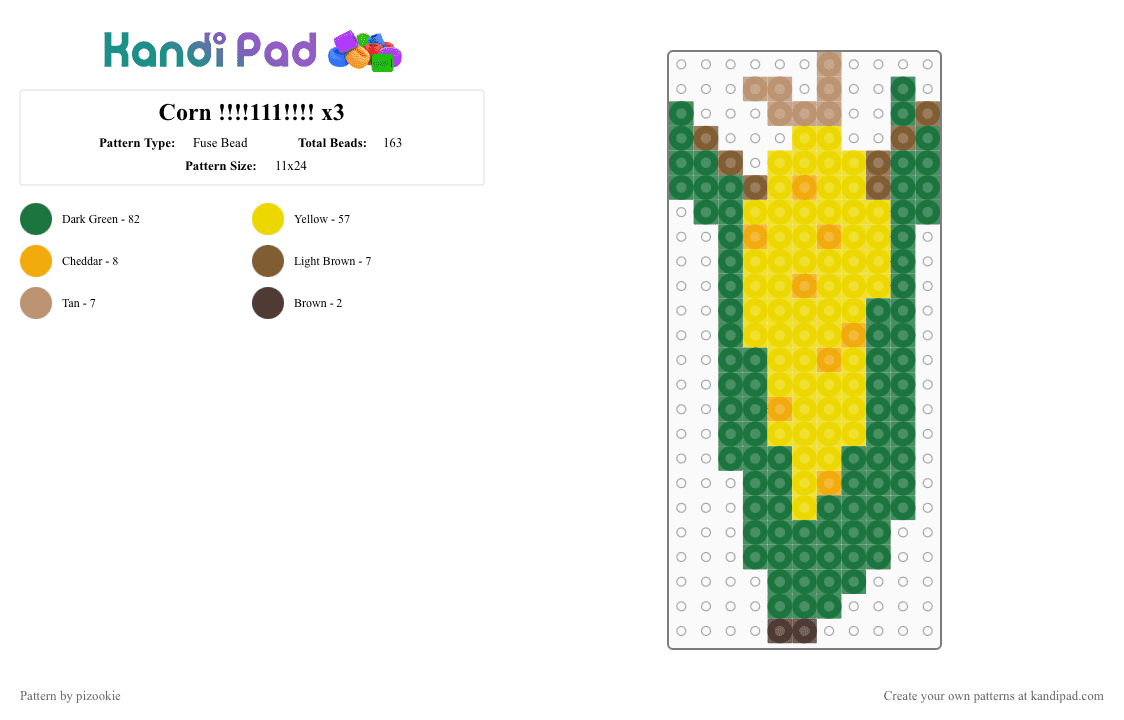 Corn !!!!111!!!! x3 - Fuse Bead Pattern by pizookie on Kandi Pad - corn, cotdfarming2026, crops, food, green, healthy, vegetables, veggies, yellow