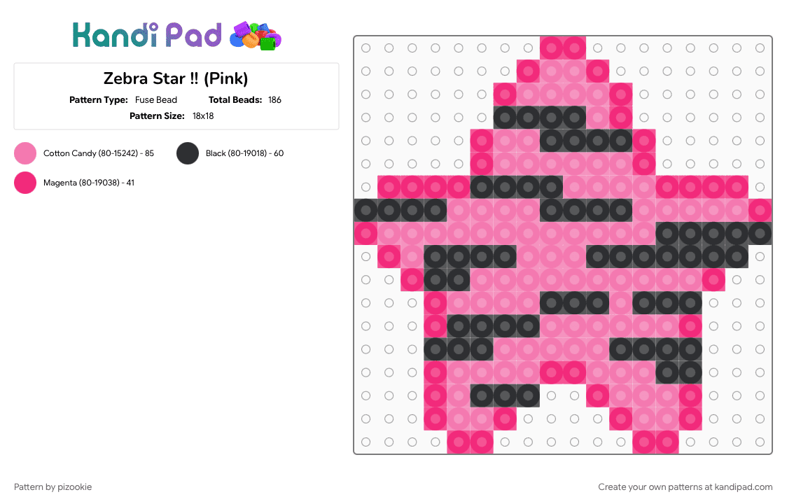 Zebra Star !! (Pink) - Fuse Bead Pattern by pizookie on Kandi Pad - 2000s, animal print, black, colorful, cotdscenekidfashion, emo, pink, scene, scene kid, scenecore