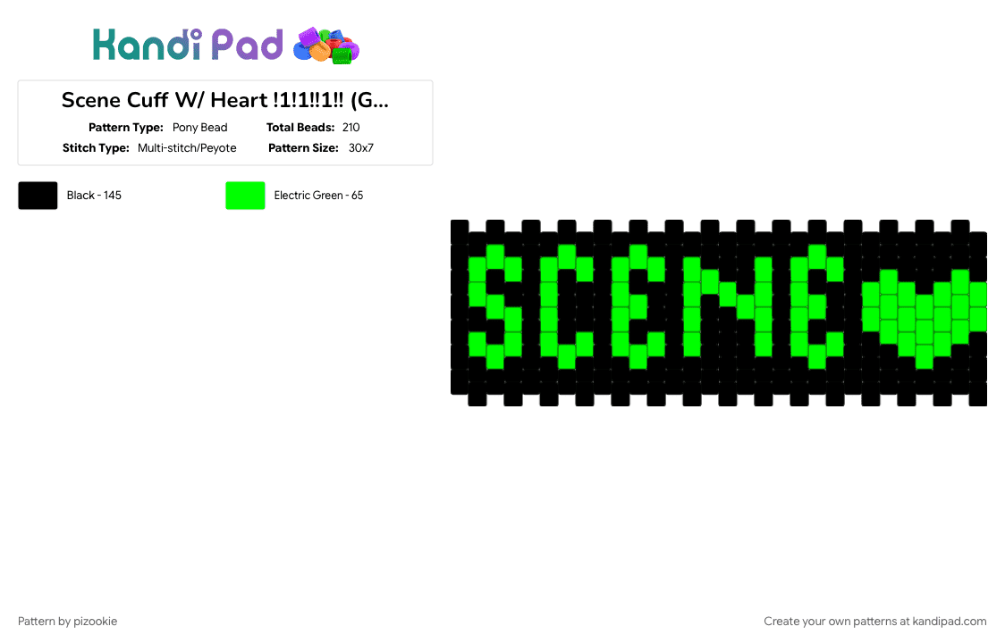 Scene Cuff W/ Heart !1!1!!1!! (Green) - Pony Bead Pattern by pizookie on Kandi Pad - 2000s, black, colorful, emo, green, myspace, neon, scene, scene kid, scenecore