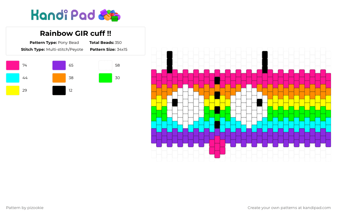 Rainbow GIR cuff !! - Pony Bead Pattern by pizookie on Kandi Pad - light blue,purple,pink,rainbow,colorful,gir,invader zim,scene,emo,multistitch,neon