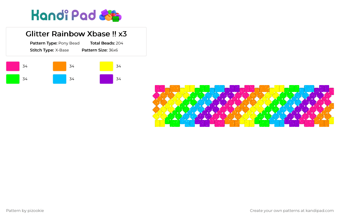 Glitter Rainbow Xbase !! x3 - Pony Bead Pattern by pizookie on Kandi Pad - orange,green,purple,colorful,glitter,rainbow,scene,emo,scenecore,scene kid,sparkly
