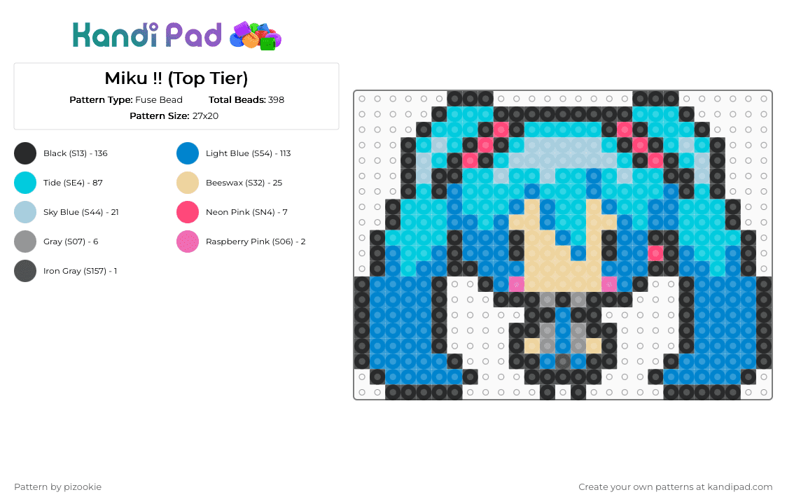 Miku !! (Top Tier) - Fuse Bead Pattern by pizookie on Kandi Pad - blue,light blue,miku,hatsune miku,anime,kawaii,cute,vocaloid,music