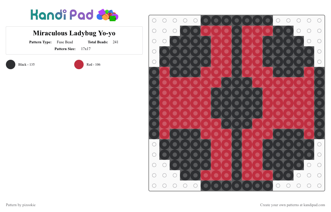 Miraculous Ladybug Yo-yo - Fuse Bead Pattern by pizookie on Kandi Pad - black,red,cotdyo-yos,miraculous ladybug,ladybug,cartoon,yoyos,yoyo