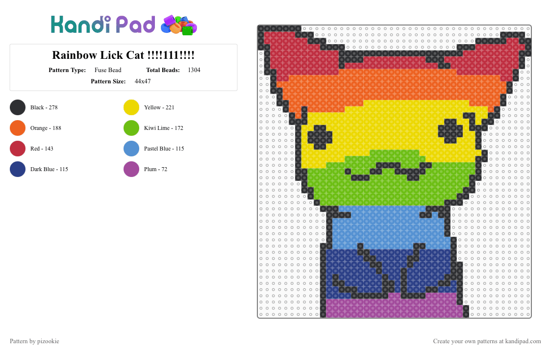 Rainbow Lick Cat !!!!111!!!! - Fuse Bead Pattern by pizookie on Kandi Pad - colorful, emo, green, kitty, orange, rainbow, red, scene, scene kid, scenecore, silly, yellow