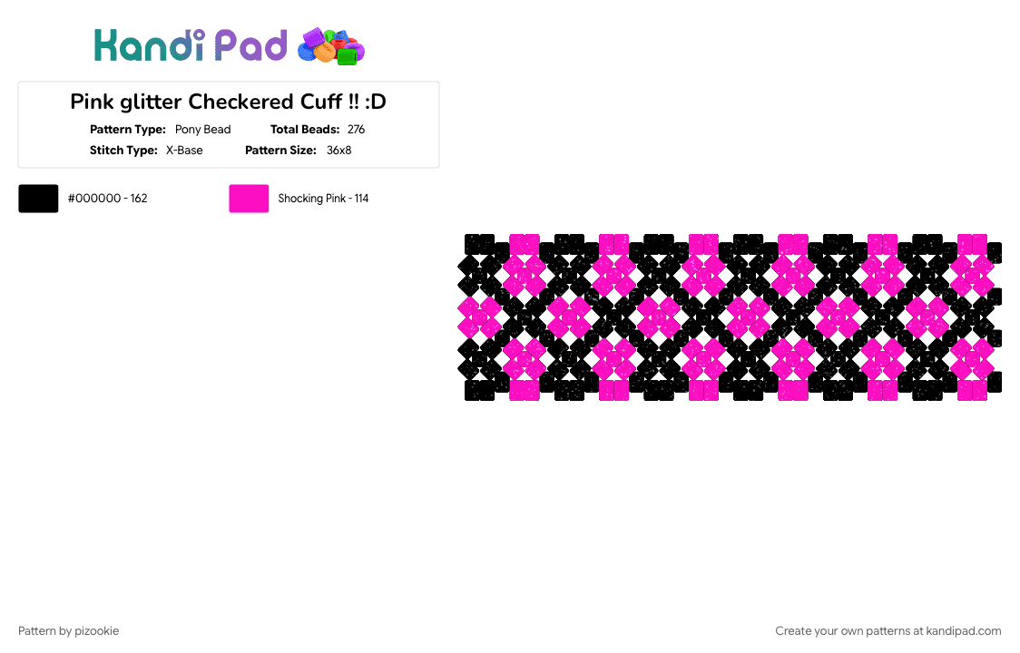Pink glitter Checkered Cuff !! :D - Pony Bead Pattern by pizookie on Kandi Pad - black, colorful, cotdabstractpatterns, emo, glitter, neon, pink, scene, scene kid, scenecore