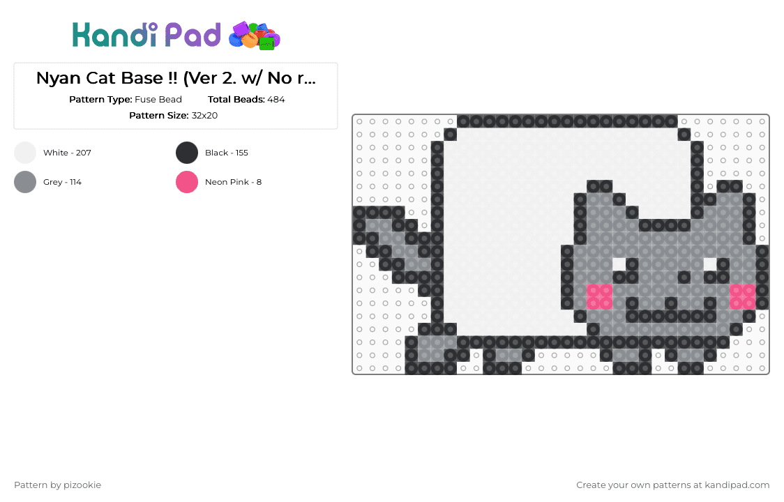 Nyan Cat Base !! (Ver 2. w/ No rainbow) - Fuse Bead Pattern by pizookie on Kandi Pad - cat, emo, gray, memes, nyan cat, pop tart, scene, scene kid, scenecore, white