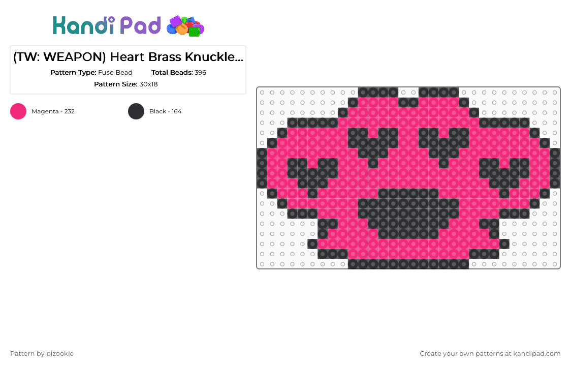 (TW: WEAPON) Heart Brass Knuckle !!!!111!!!! (Pink) - Fuse Bead Pattern by pizookie on Kandi Pad - 2000s, black, emo, love, myspace, pink, scene, scene kid, scene queen, scenecore