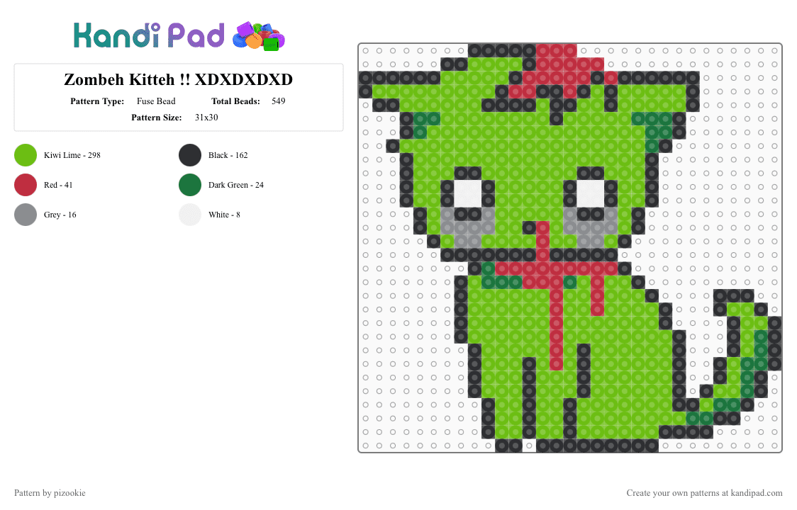 Zombeh Kitteh !! XDXDXDXD - Fuse Bead Pattern by pizookie on Kandi Pad - green,scene,scenecore,scene kid,emo,zombie,kitty,cat