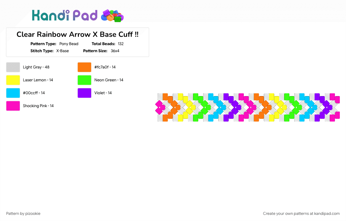 Clear Rainbow Arrow X Base Cuff !! - Pony Bead Pattern by pizookie on Kandi Pad - chevron, colorful, emo, light blue, neon, pink, rainbow, scene, scene kid, scenecore, yellow