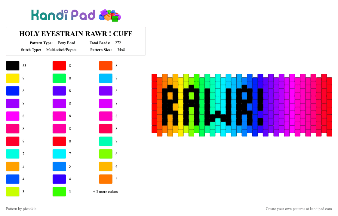 HOLY EYESTRAIN RAWR ! CUFF - Pony Bead Pattern by pizookie on Kandi Pad - red,teal,purple,pink,scene,scenecore,scene kid,emo,color spectrum,rainbow,colorful,myspace