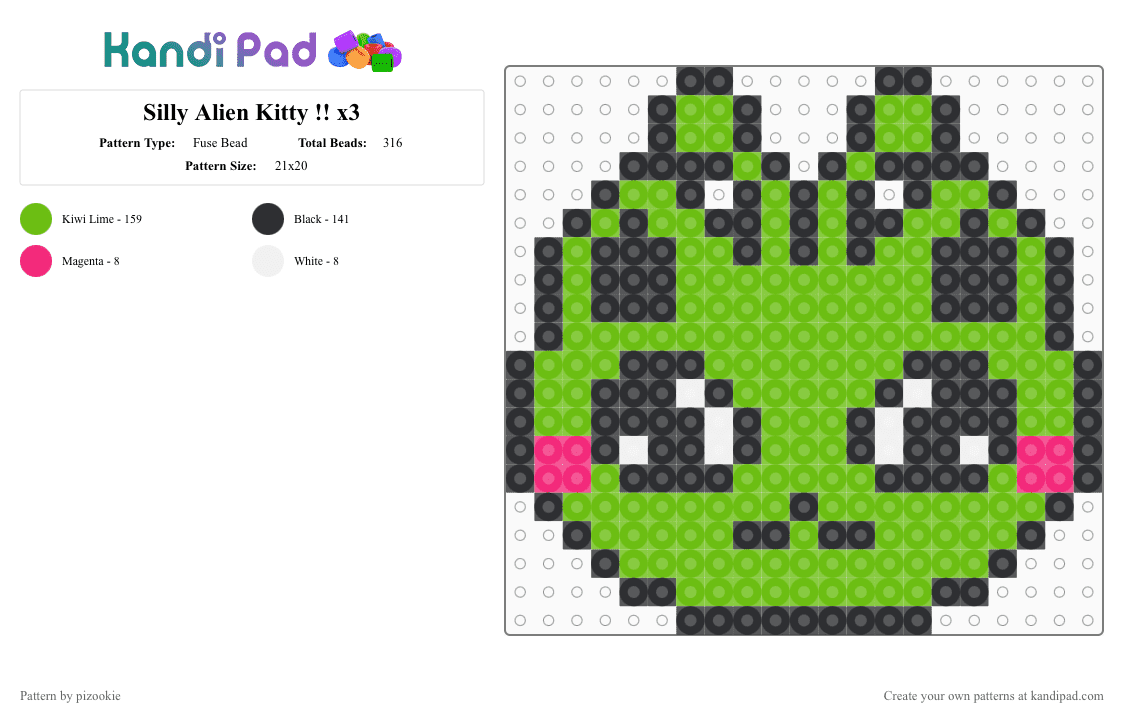 Silly Alien Kitty !! x3 - Fuse Bead Pattern by pizookie on Kandi Pad - green,space,alien,kitty,cat,scene,scenecore,scene kid,emo