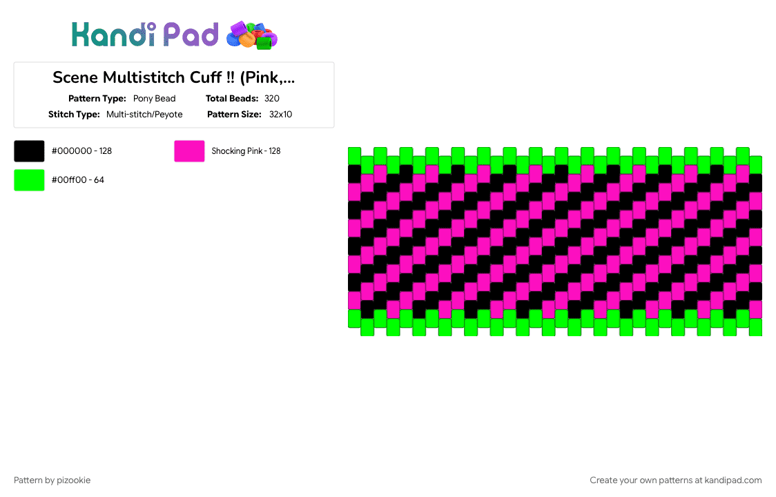 Scene Multistitch Cuff !! (Pink, Green, Black) - Pony Bead Pattern by pizookie on Kandi Pad - colorful, cotdscenekidfashion, emo, green, multistitch, neon, pink, scene, scene kid, scenecore