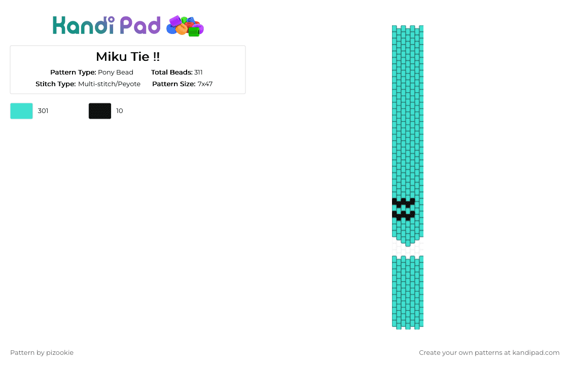 Miku Tie !! - Pony Bead Pattern by pizookie on Kandi Pad - aqua, black, hatsune miku, light blue, miku, peyote stitch, teal, tie, vocaloid