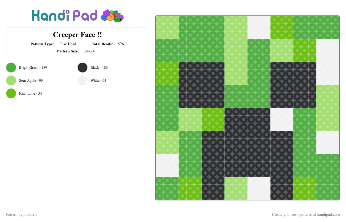 Creeper Face !! - Fuse Bead Pattern by pizookie on Kandi Pad - green,minecraft,creeper,video game,emo,scene,scene kid,scenecore