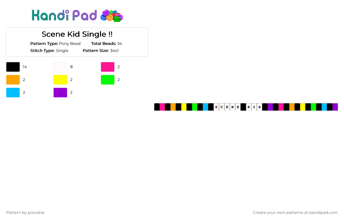 Scene Kid Single !! - Pony Bead Pattern by pizookie on Kandi Pad - white,orange,green,purple,colorful,scene kid,scene,emo,rainbow,black,scenecore,2000s