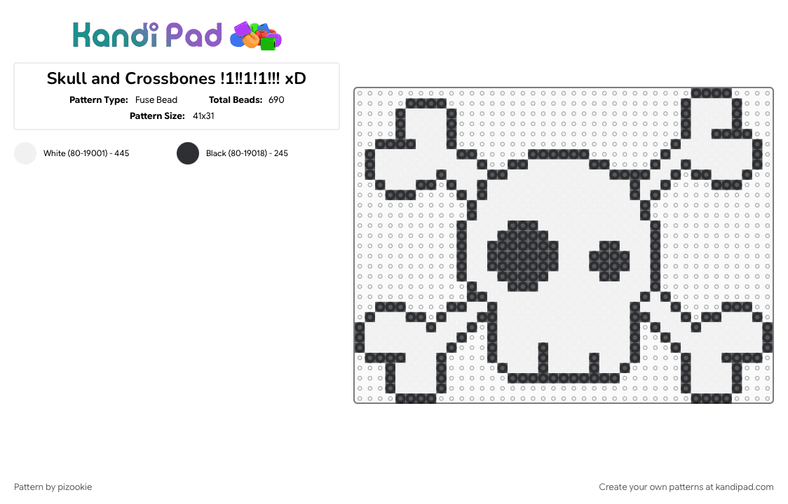 Skull and Crossbones !1!!1!1!!! xD - Fuse Bead Pattern by pizookie on Kandi Pad - 2000s, alt, black, emo, myspace, scene, scene kid, scenecore, scenemo, white