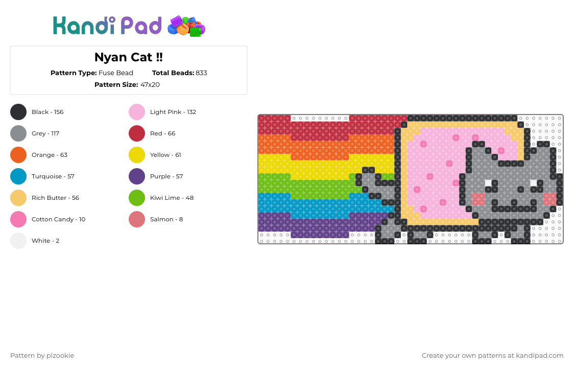 Nyan Cat !! - Fuse Bead Pattern by pizookie on Kandi Pad - gray,pink,yellow,nyan cat,meme,scene,scene kid,emo,cat,rainbow,pop tart