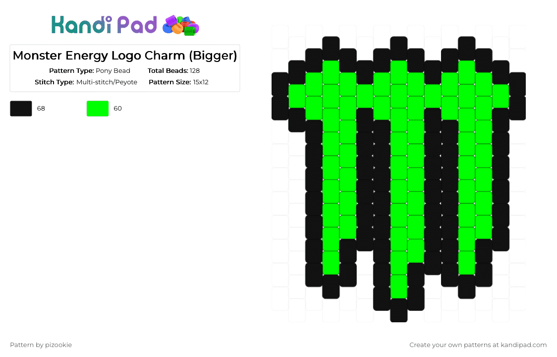 Monster Energy Logo Charm (Bigger) - Pony Bead Pattern by pizookie on Kandi Pad - black,green,cotdsymbols,monster,scene,scenecore,scene kid,emo,peyote stitch