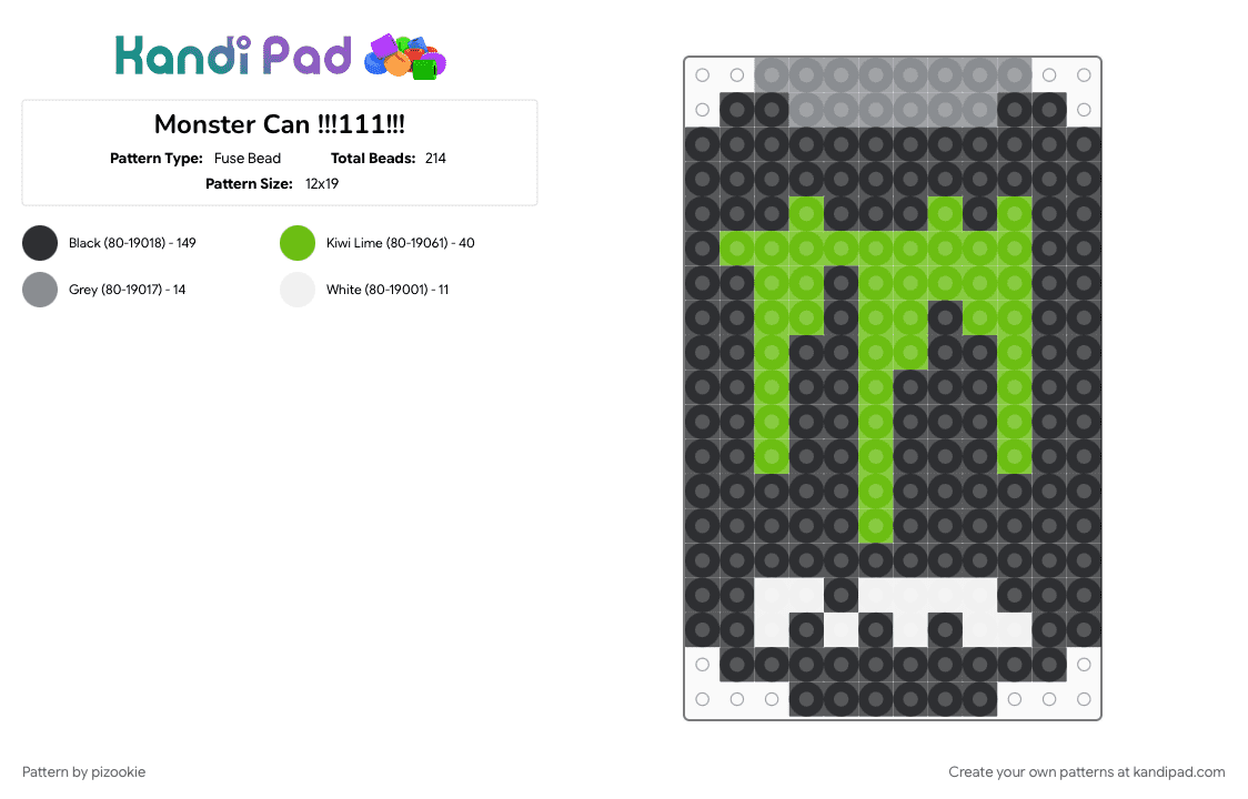 Monster Can !!!111!!! - Fuse Bead Pattern by pizookie on Kandi Pad - black, drink, drinks, emo, energy drinks, green, monster energy, scene, scene kid, scenecore