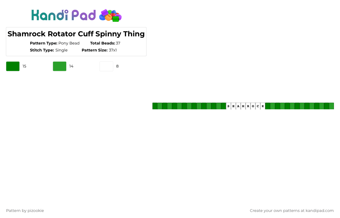 Shamrock Rotator Cuff Spinny Thing - Pony Bead Pattern by pizookie on Kandi Pad - green,cotdstpatricksday2026,shamrock,shamrocks,rotator cuff,rotator,spinny thing,st patricks day