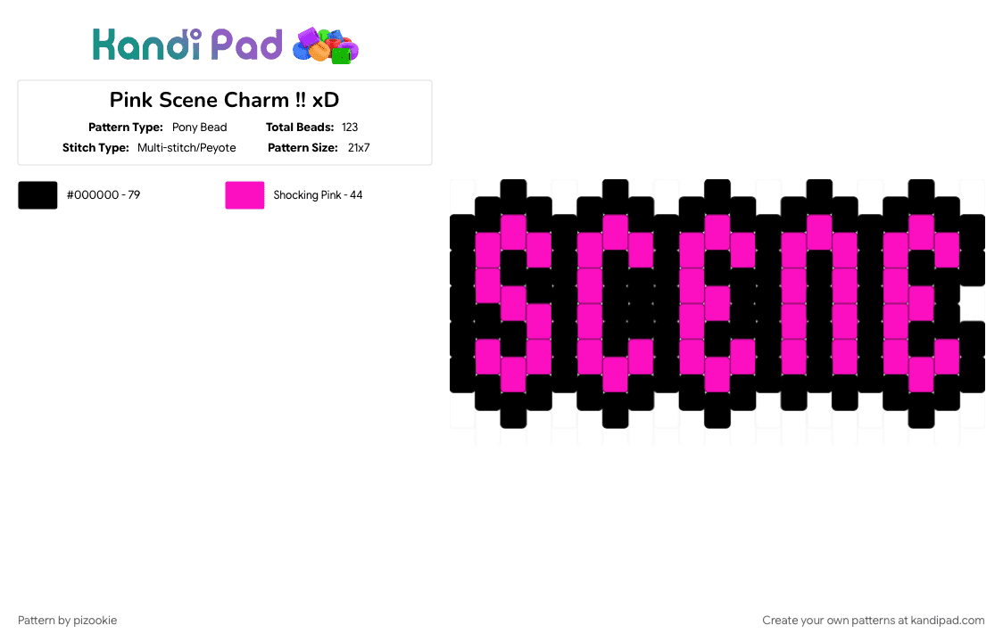 Pink Scene Charm !! xD - Pony Bead Pattern by pizookie on Kandi Pad - 2000s, black, colorful, emo, myspace, neon, pink, scene, scene kid, scenecore