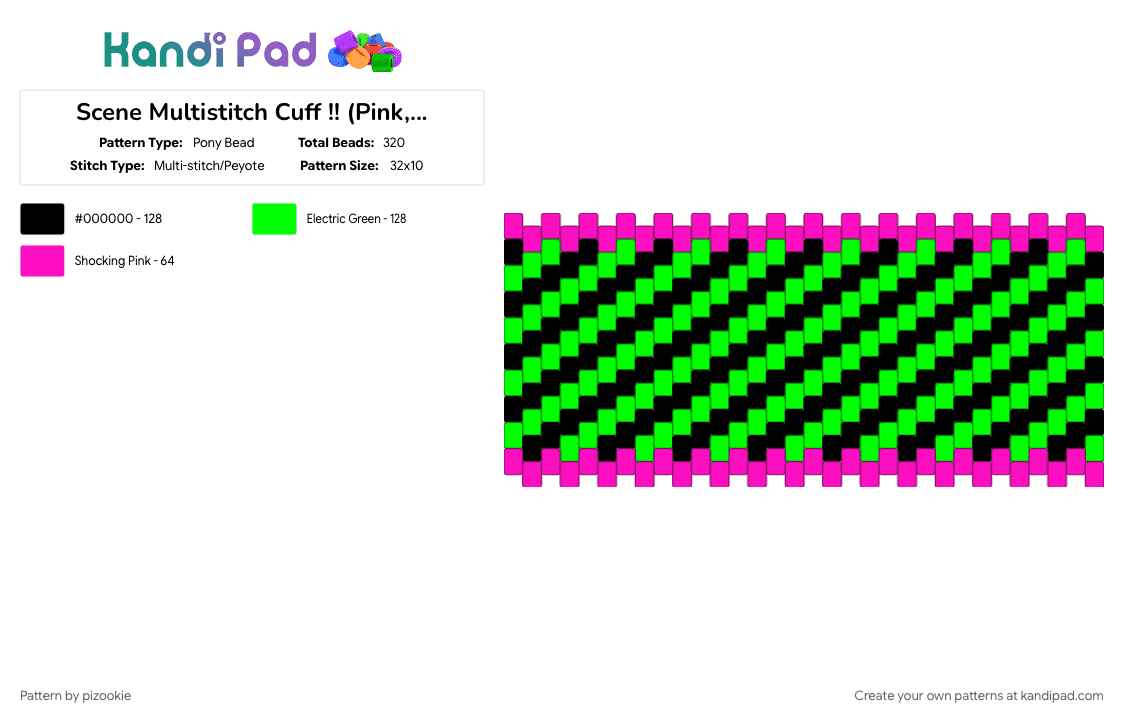 Scene Multistitch Cuff !! (Pink, Green, Black) (ver 2) - Pony Bead Pattern by pizookie on Kandi Pad - colorful, cotdscenekidfashion, emo, green, multistitch, neon, pink, scene, scene kid, scenecore